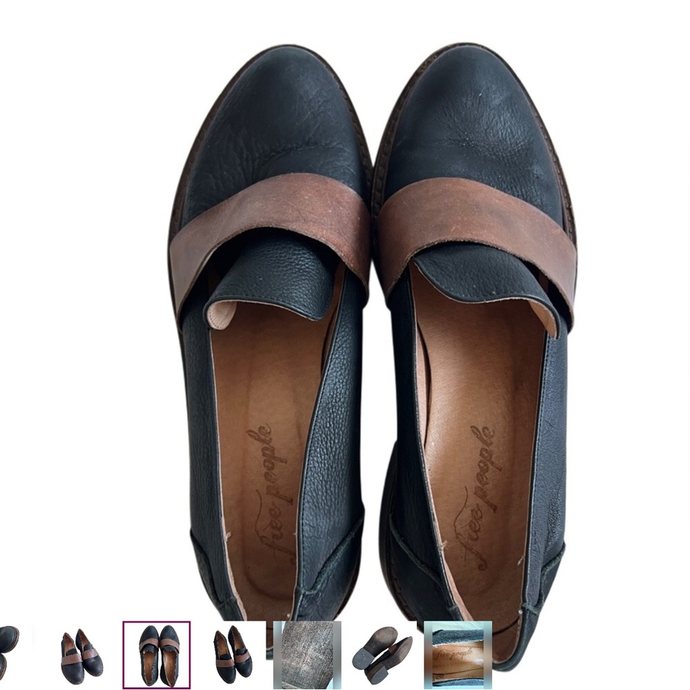 Free People Penny Loafers Genuine leather block heels black brown shoes 38 8 - Picture 3 of 7